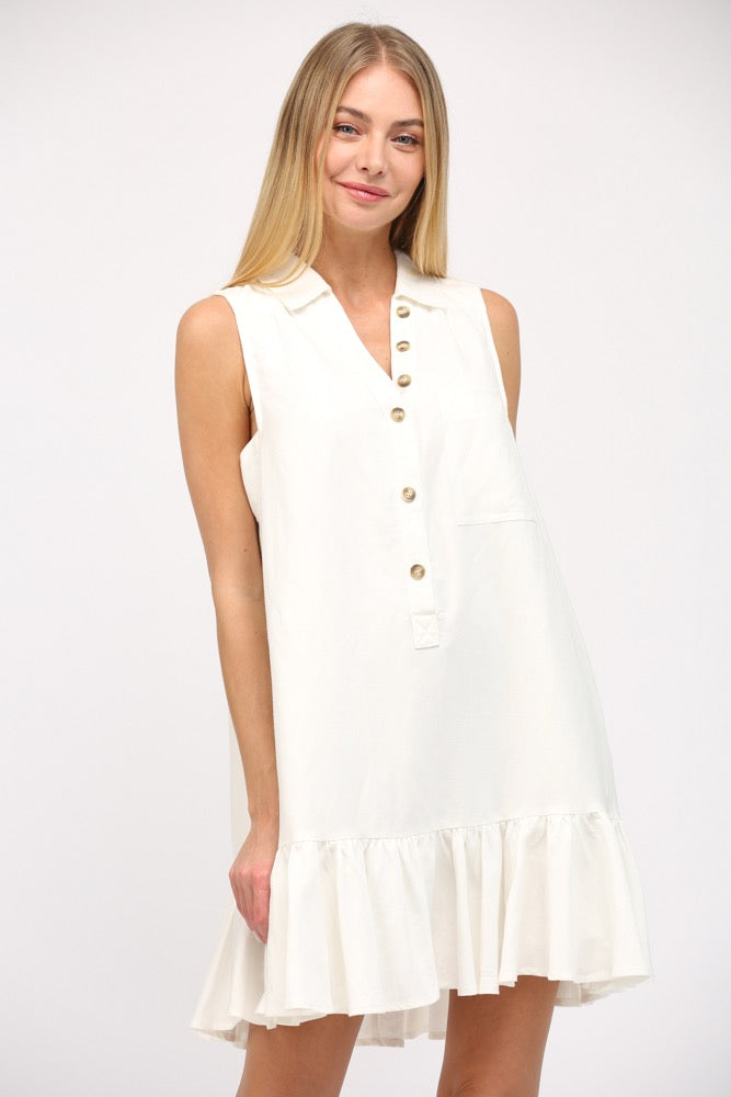 Linen Blend Button Down Ruffled Dress