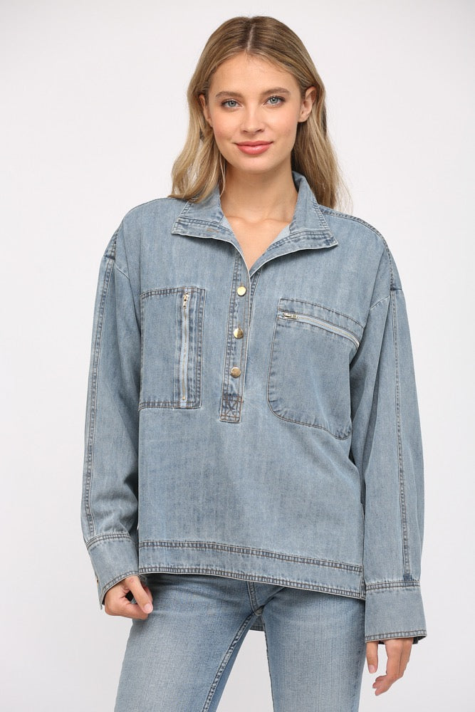 Button Down Denim Tunic Shirt