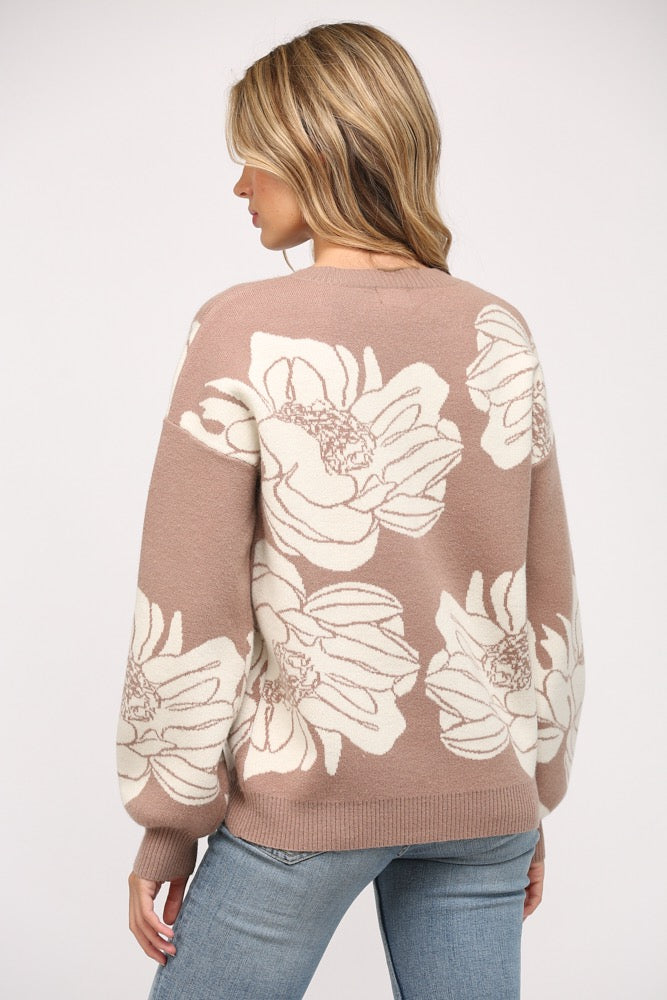 Fate Floral Pattern Jacquard Knit Crew Neck Sweater