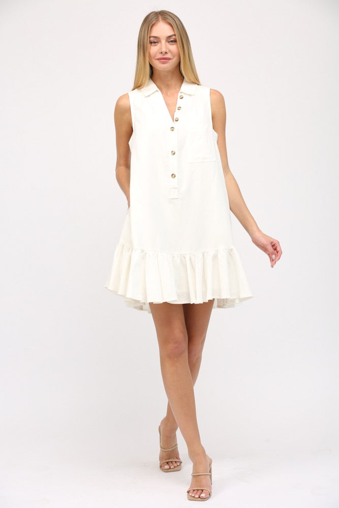 Linen Blend Button Down Ruffled Dress