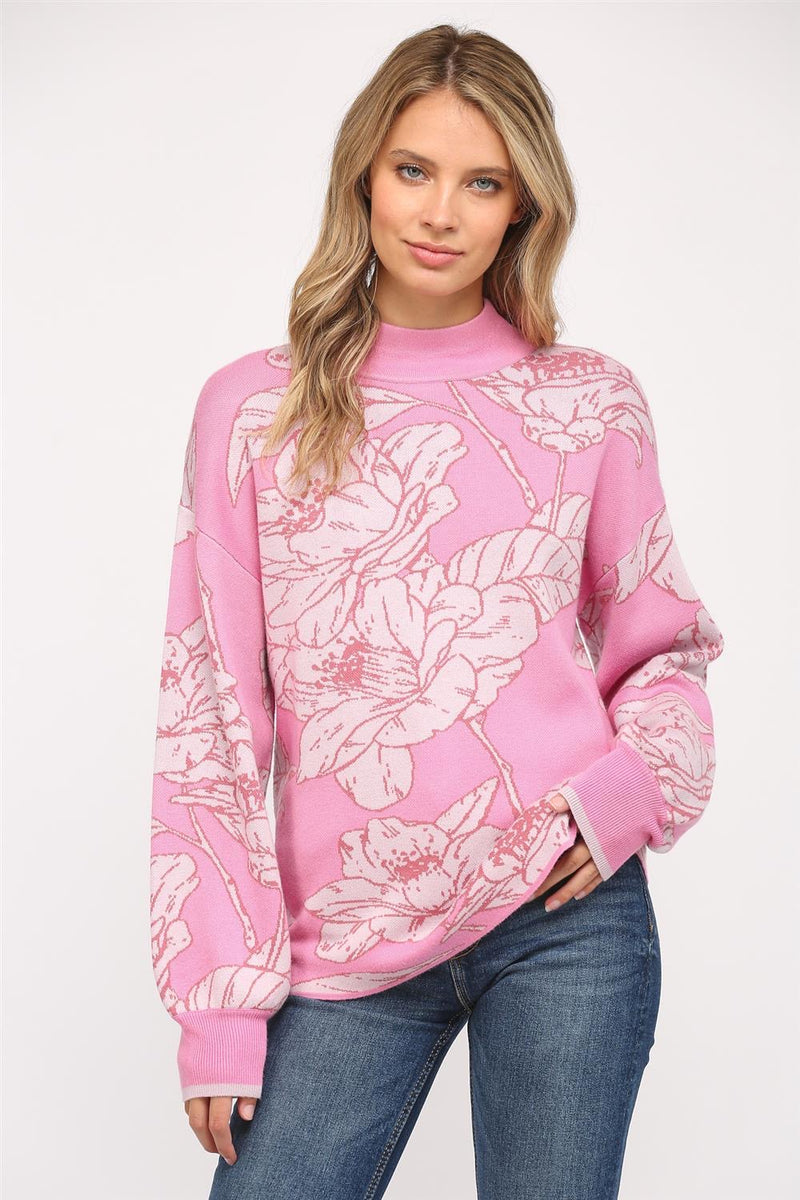 Fate Floral Pattern Jacquard Knit Crew Neck Sweater