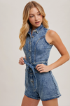 Sleeveless Button Down Belted Denim Romper